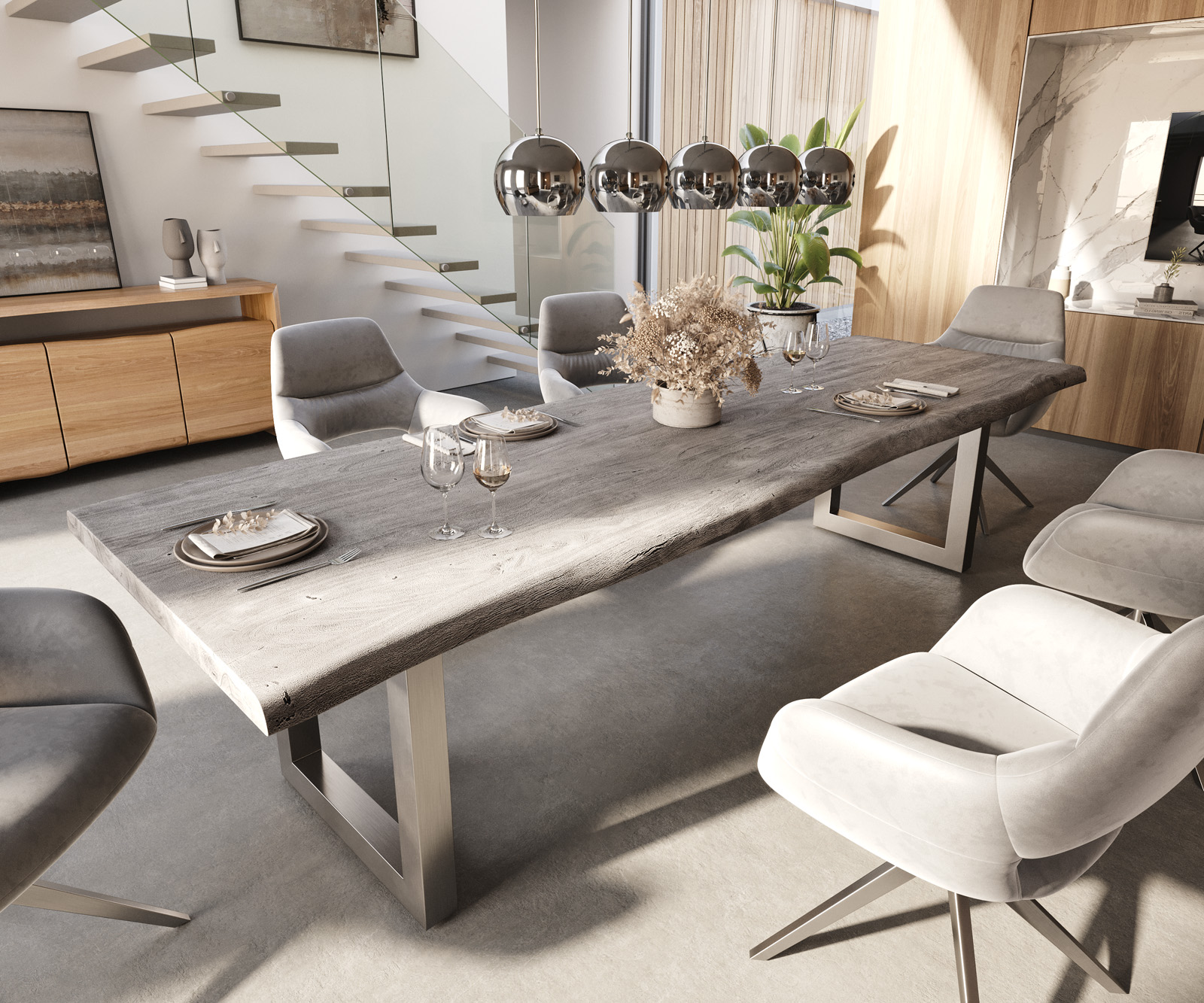 Étkezőasztal Edge 300x100 XL akác platina rozsdamentes acél széles Live-Edge