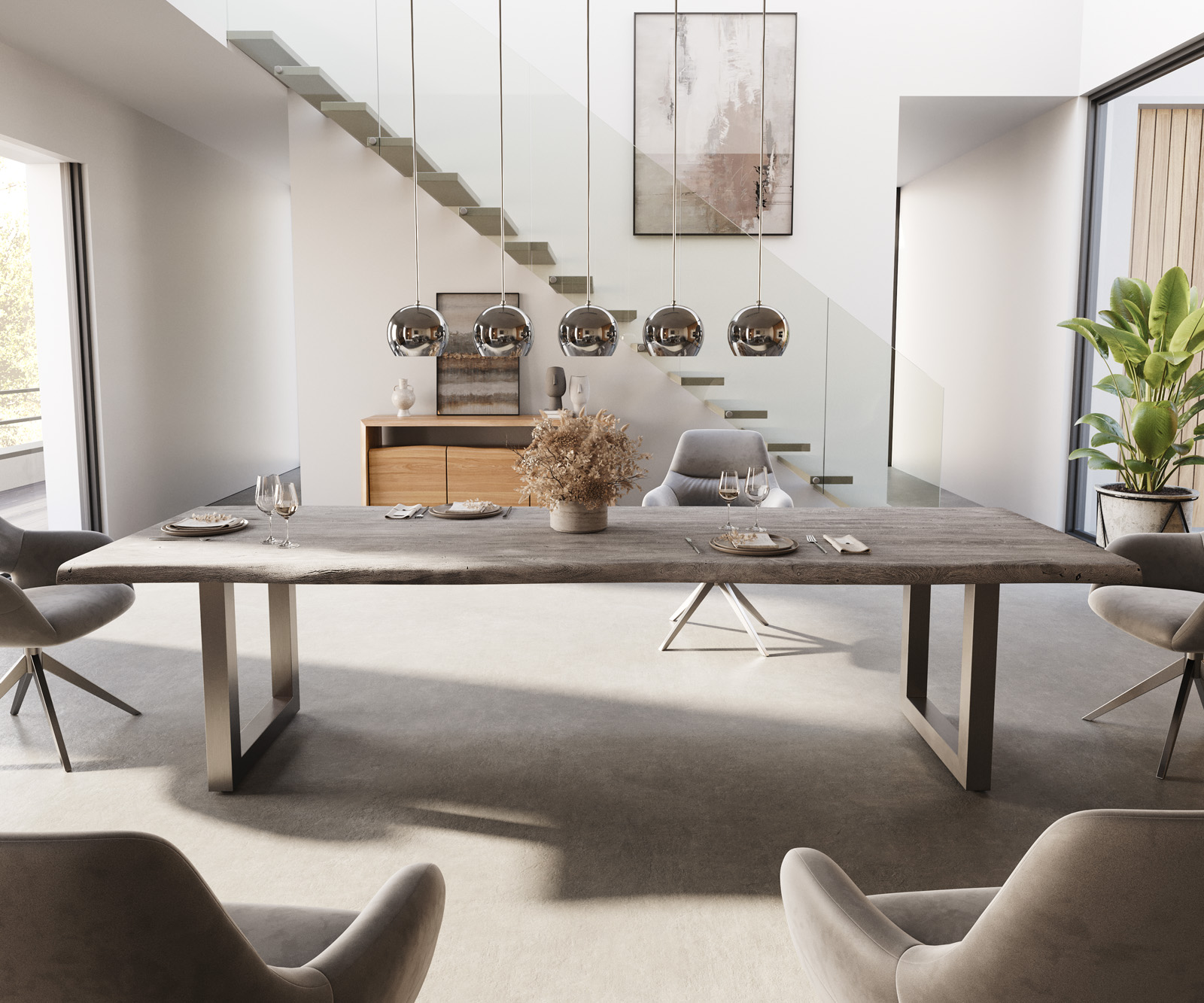 Étkezőasztal Edge 300x100 XL akác platina rozsdamentes acél széles Live-Edge - Image 2