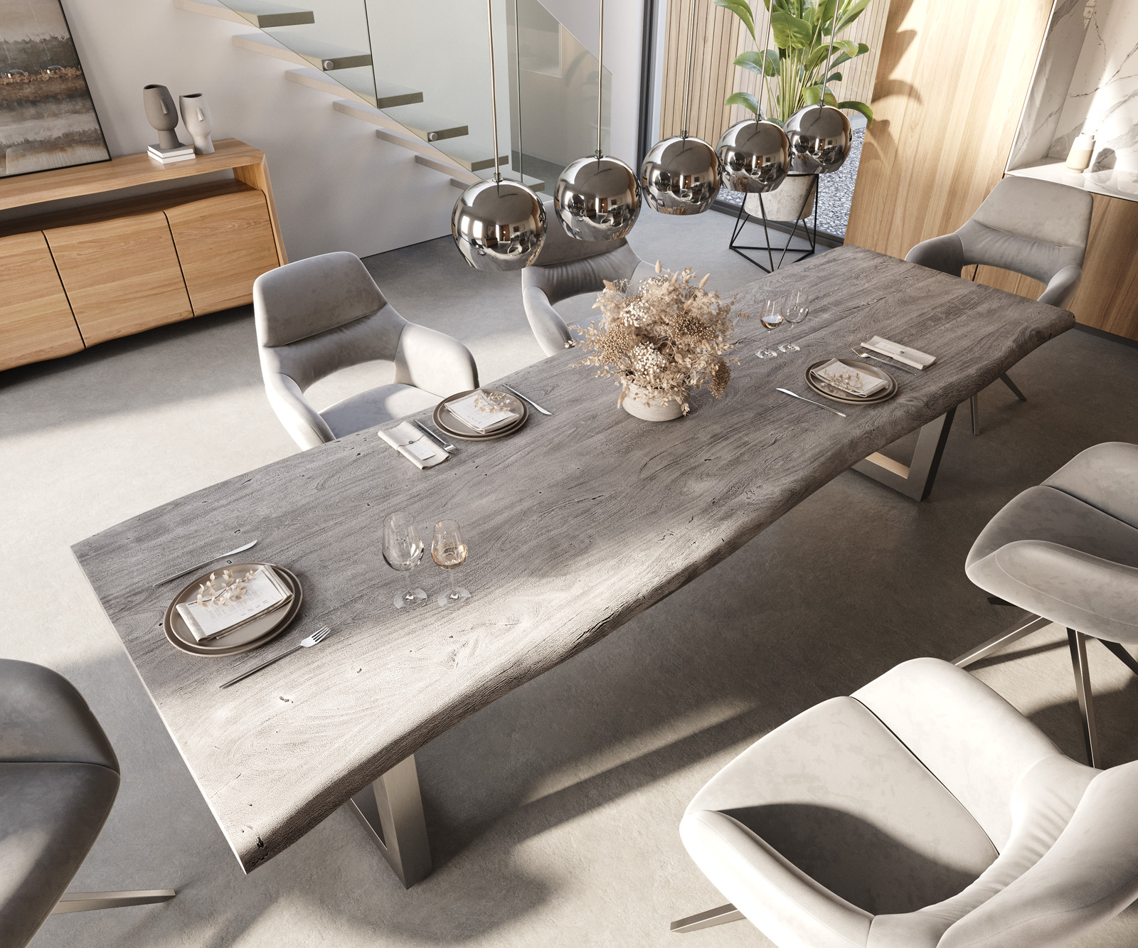 Étkezőasztal Edge 300x100 XL akác platina rozsdamentes acél széles Live-Edge - Image 5