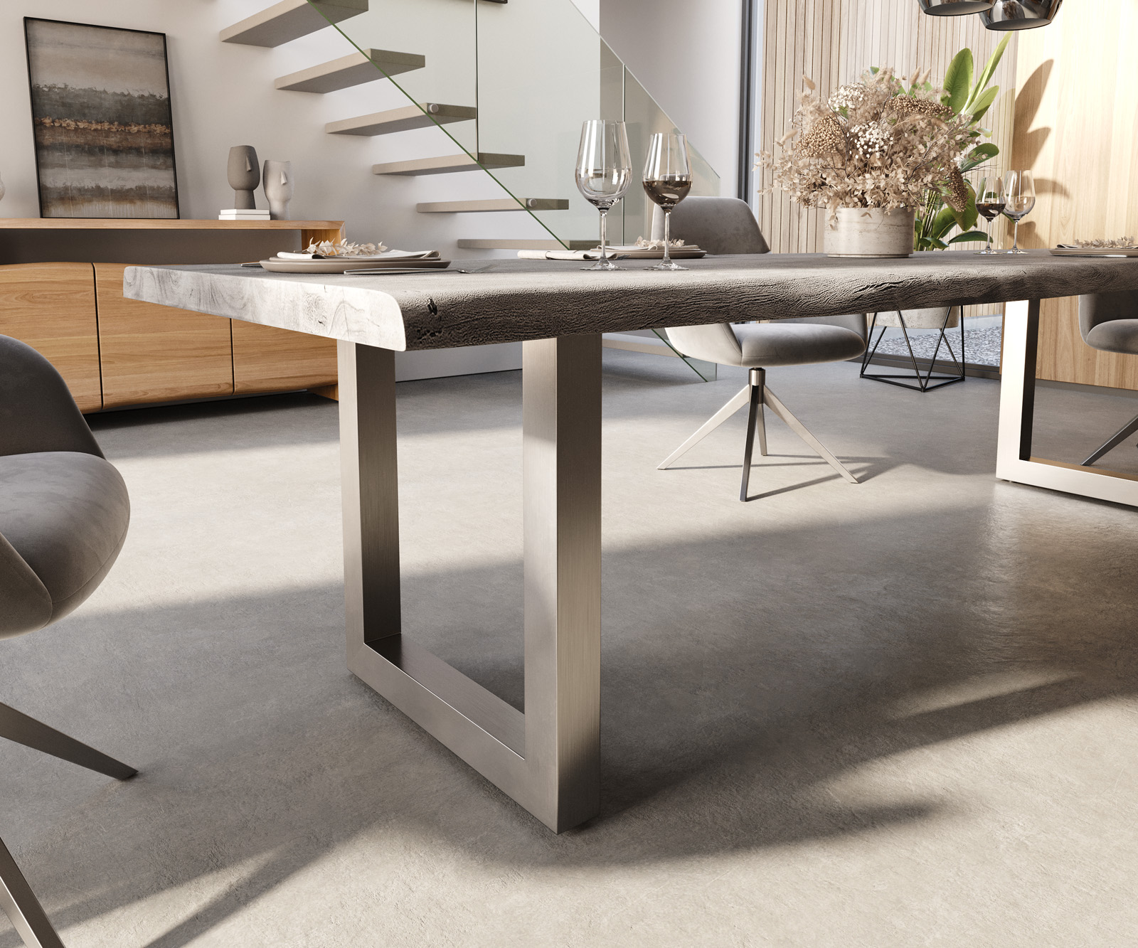 Étkezőasztal Edge 300x100 XL akác platina rozsdamentes acél széles Live-Edge - Image 6