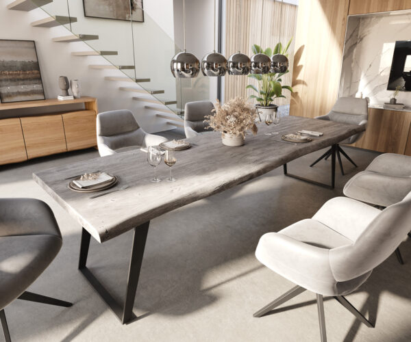 Étkezőasztal Edge 300x100 XL akác platina fém ferde Live-Edge