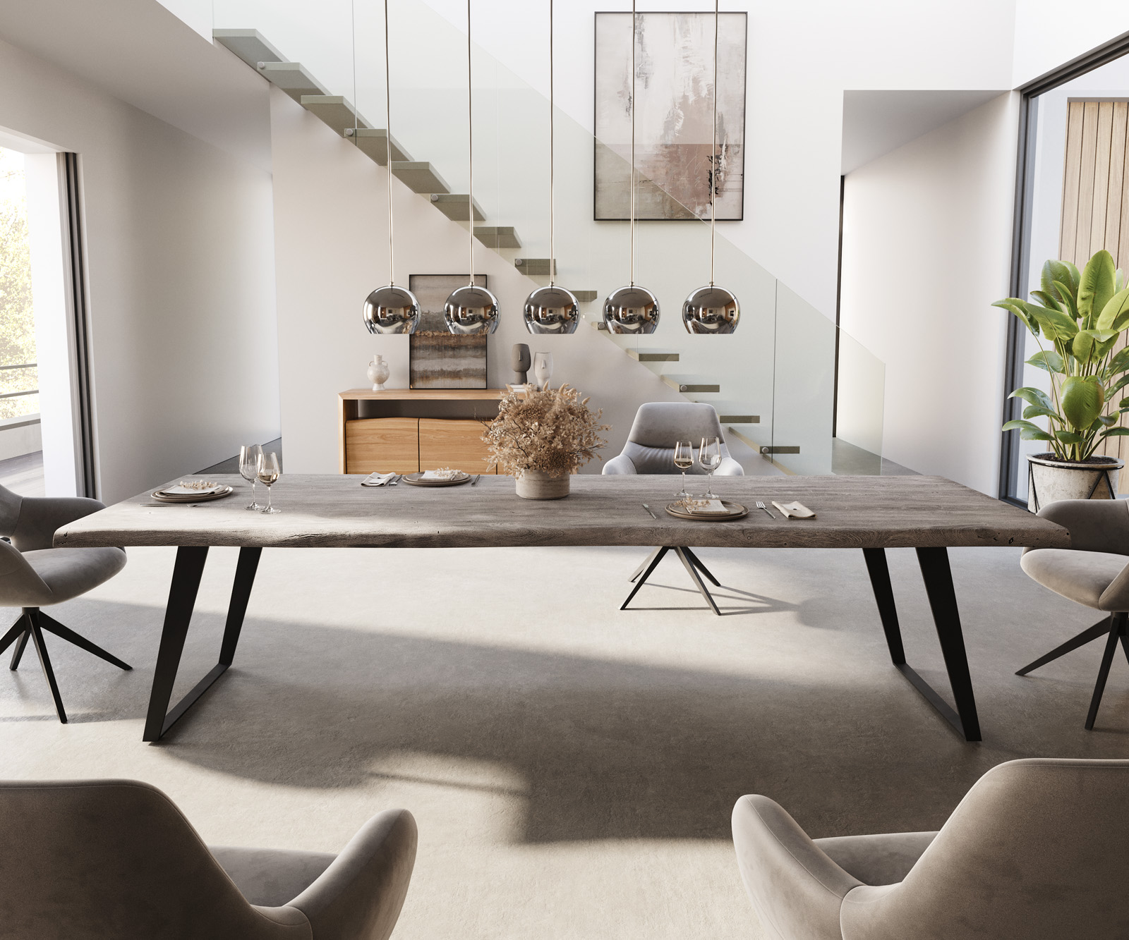 Étkezőasztal Edge 300x100 XL akác platina fém ferde Live-Edge - Image 2