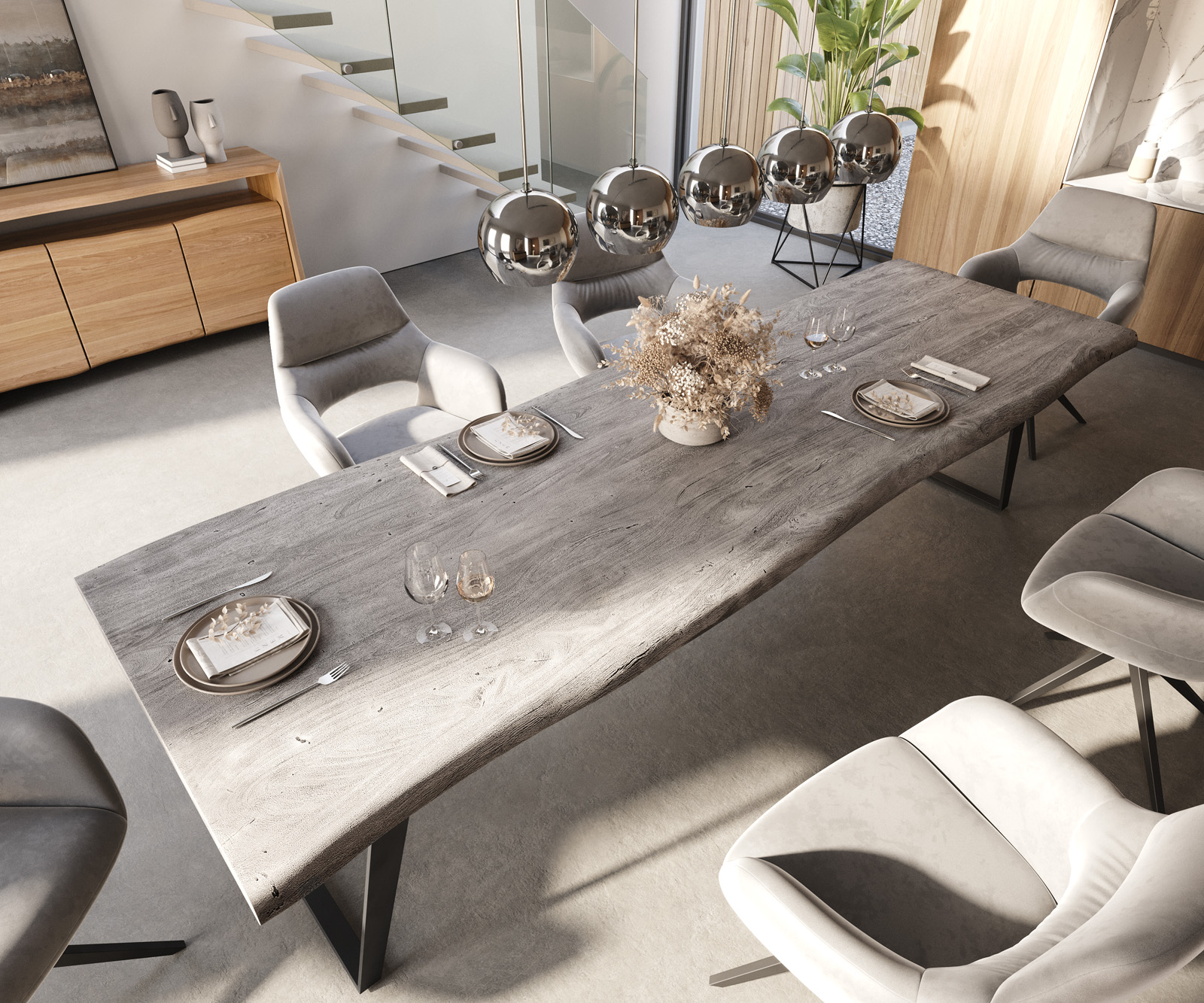 Étkezőasztal Edge 300x100 XL akác platina fém ferde Live-Edge - Image 5