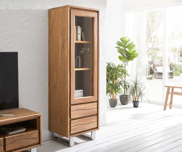 Üvegvitrin Live-Edge 60x190 cm akác természetes egyenes él 1 ajtós 2 fiókos masszív