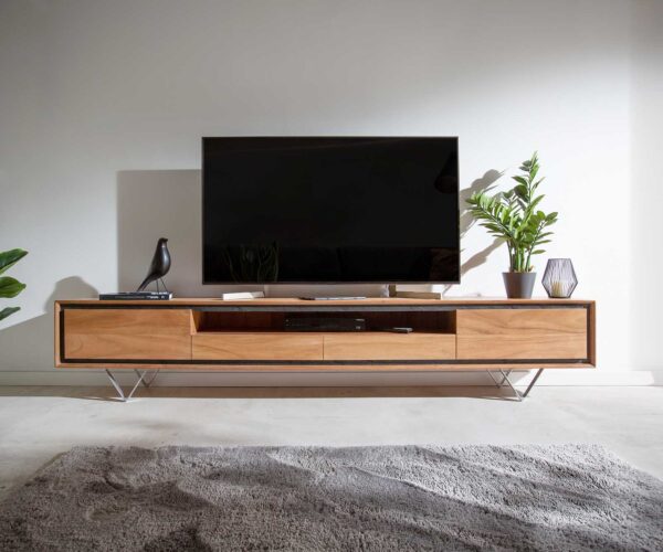 TV szekrény Stonegrace 240 cm akác természetes 2 ajtós 1 rekeszes 2 fiókos kőfurnér V láb - Image 2