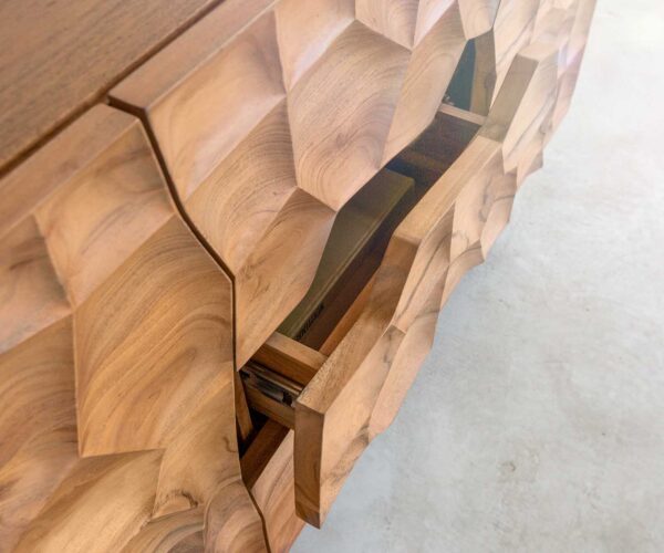 Komód Solu 145 cm akác természetes 2 ajtós 3 fiókos lebegő fém láb fekete 3D előlap - Image 5