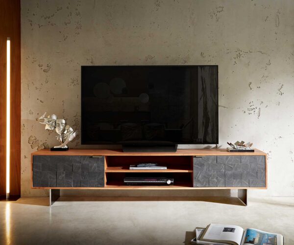 TV szekrény Teele 200 cm akác természetes pala 2 ajtós lebegő láb rozsdamentes acélból - Image 2