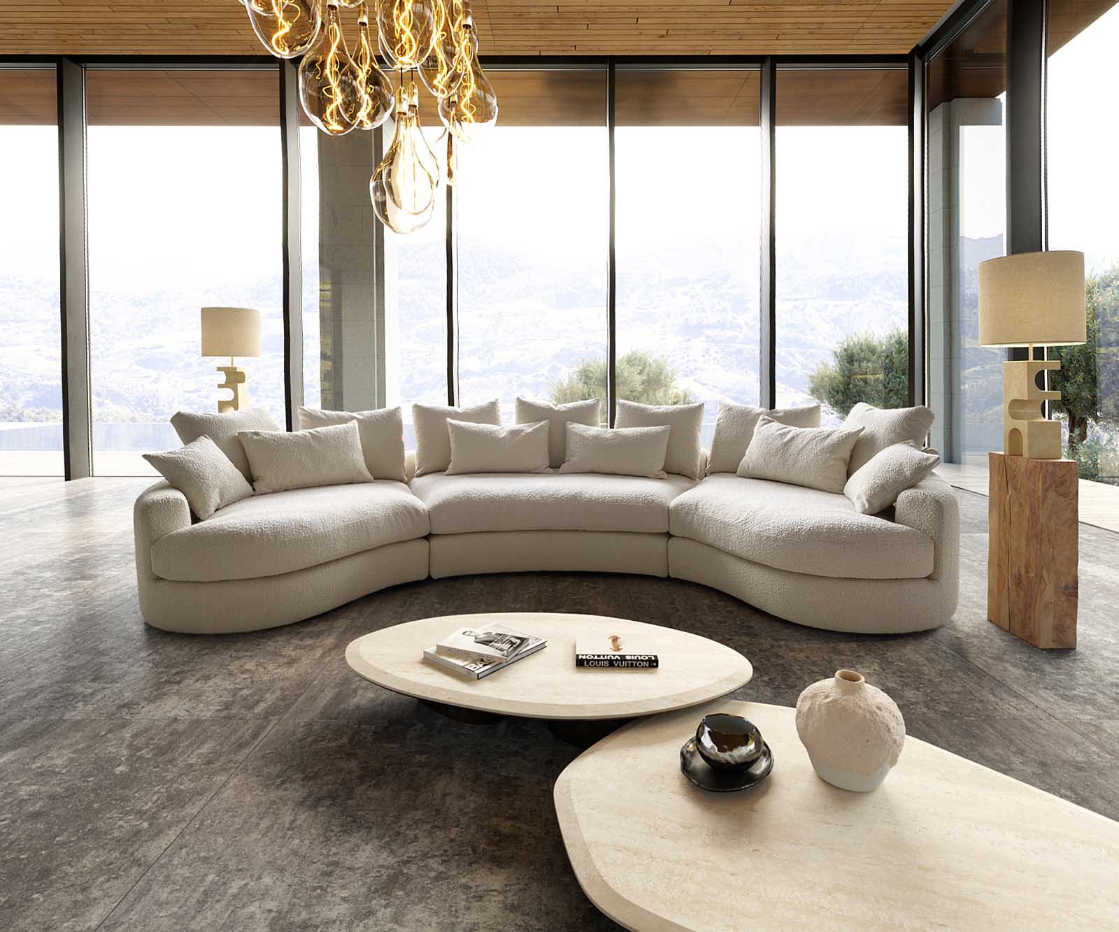 Nagy kanapé Estrea 410x155 cm bouclé krémfehér kerek kanapé - Image 2