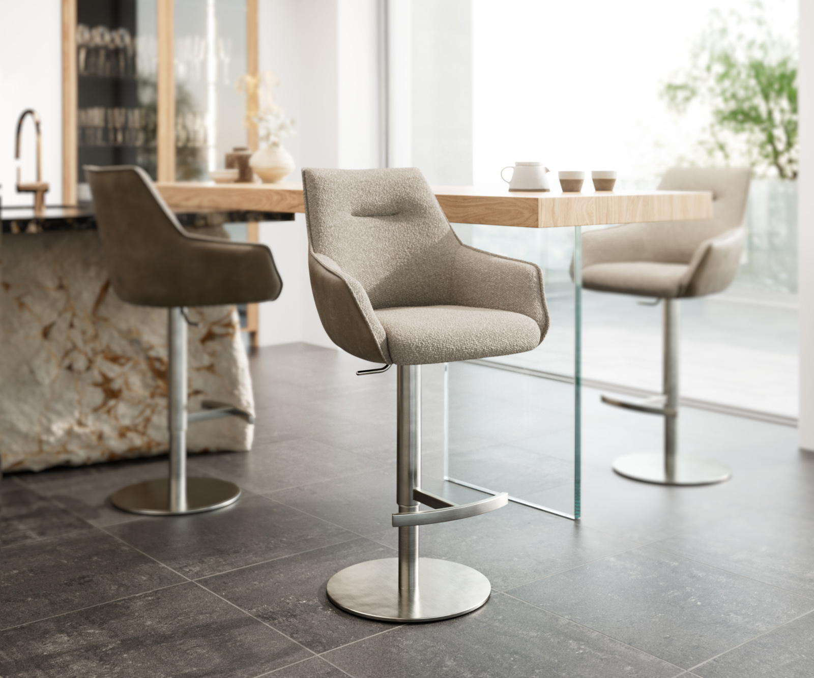 Bárszék Alja-Flex vegyes anyag mikroszálas sötét bézs bouclé sötét bézs forgó láb magasságban állítható rozsdamentes acél forgatható zsákrugós