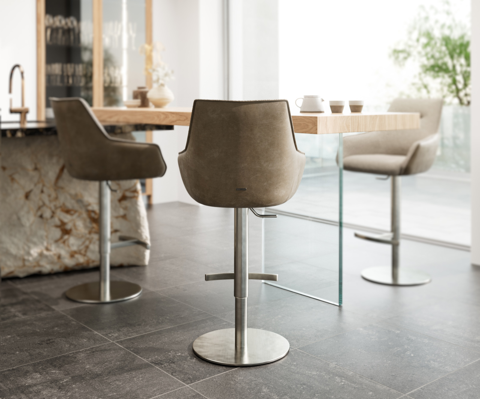 Bárszék Alja-Flex vegyes anyag mikroszálas sötét bézs bouclé sötét bézs forgó láb magasságban állítható rozsdamentes acél forgatható zsákrugós - Image 3