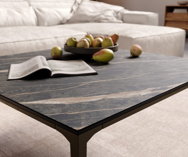 Dohányzóasztal Levente 85x85 cm kerámia Laminam®Noir Desir barna fém láb titán effekt felület - Image 6