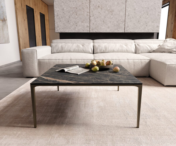 Dohányzóasztal Levente 85x85 cm kerámia Laminam®Noir Desir barna fém láb titán effekt felület - Image 2