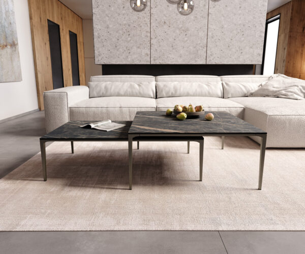 Dohányzóasztal Levente 85x85 cm kerámia Laminam®Noir Desir barna fém láb titán effekt felület - Image 7