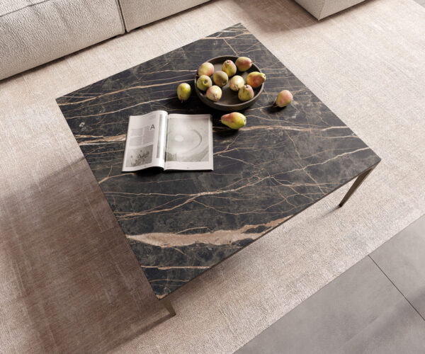 Dohányzóasztal Levente 85x85 cm kerámia Laminam®Noir Desir barna fém láb titán effekt felület - Image 5