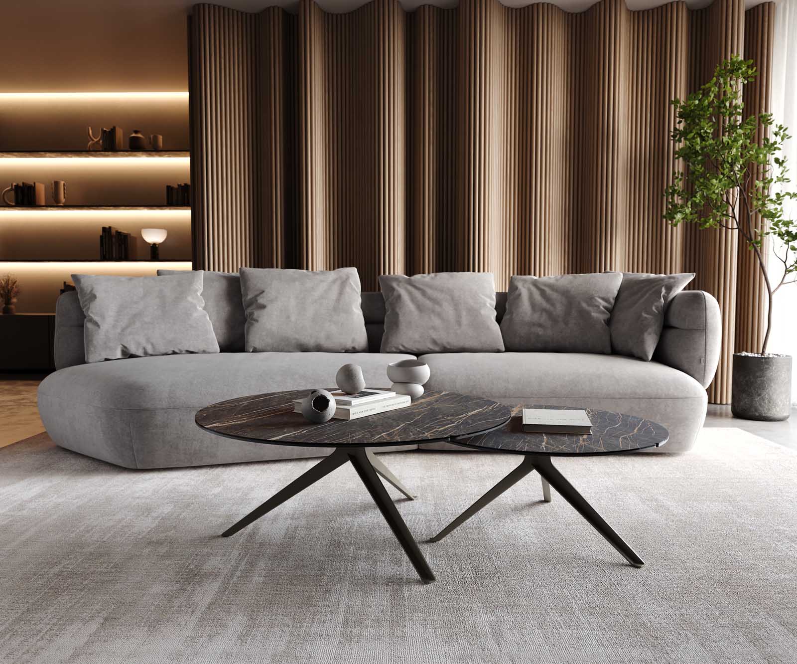 Dohányzóasztal Delron 90x90 cm kerámia Laminam®Noir Desir barna kereszt láb lapos fém titán effekt felület - Image 7