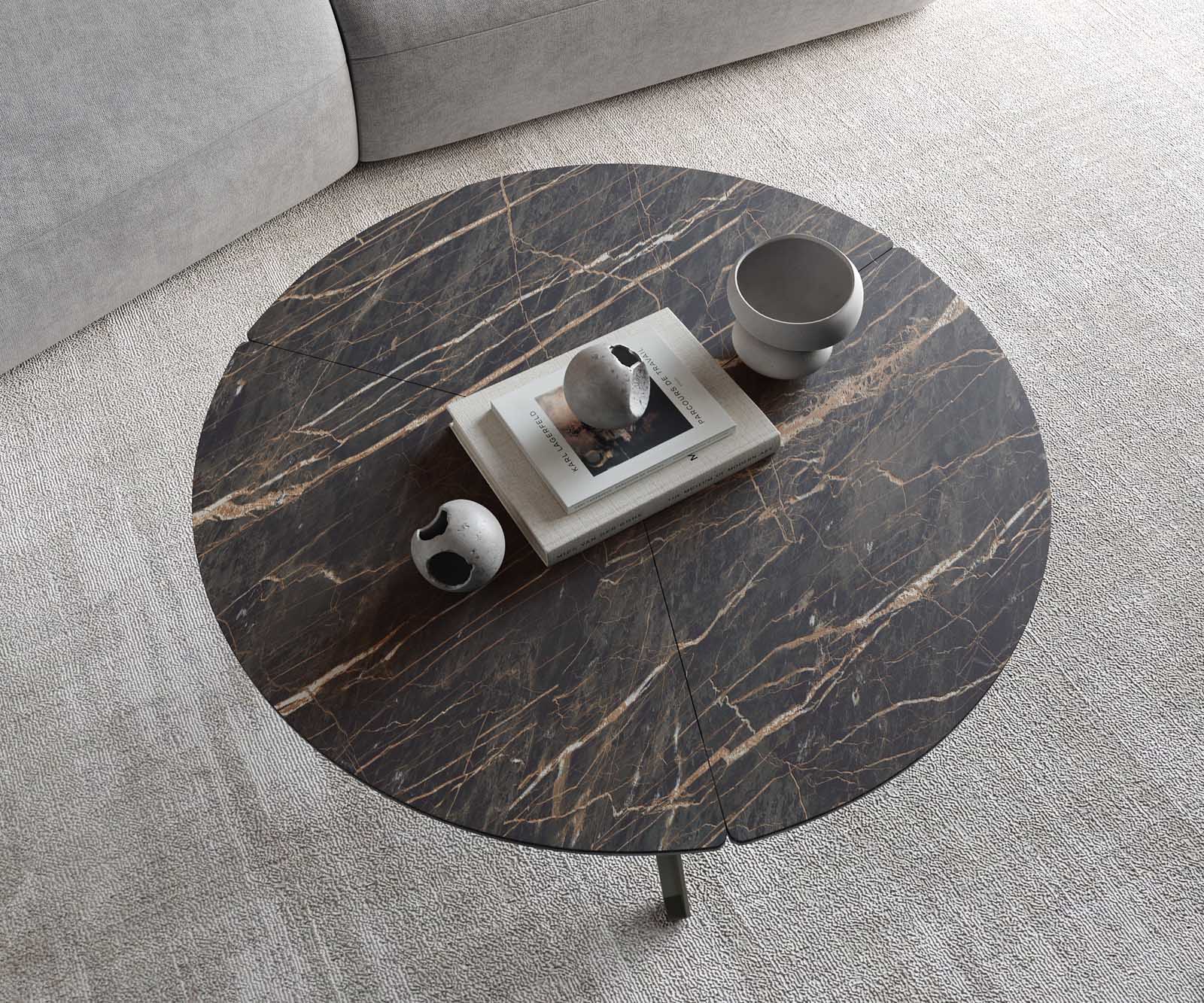 Dohányzóasztal Delron 90x90 cm kerámia Laminam®Noir Desir barna kereszt láb lapos fém titán effekt felület - Image 5