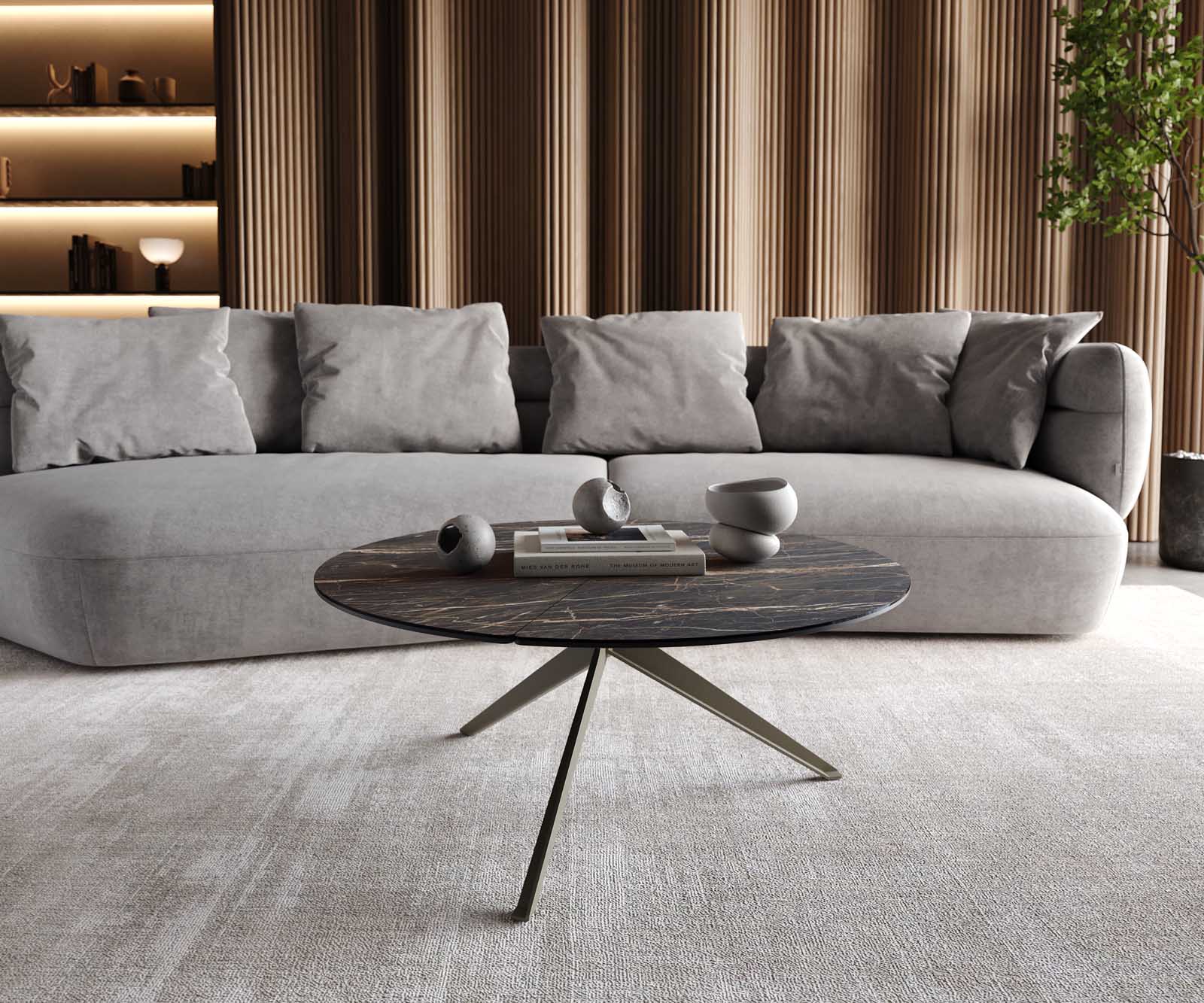 Dohányzóasztal Delron 90x90 cm kerámia Laminam®Noir Desir barna kereszt láb lapos fém titán effekt felület - Image 2