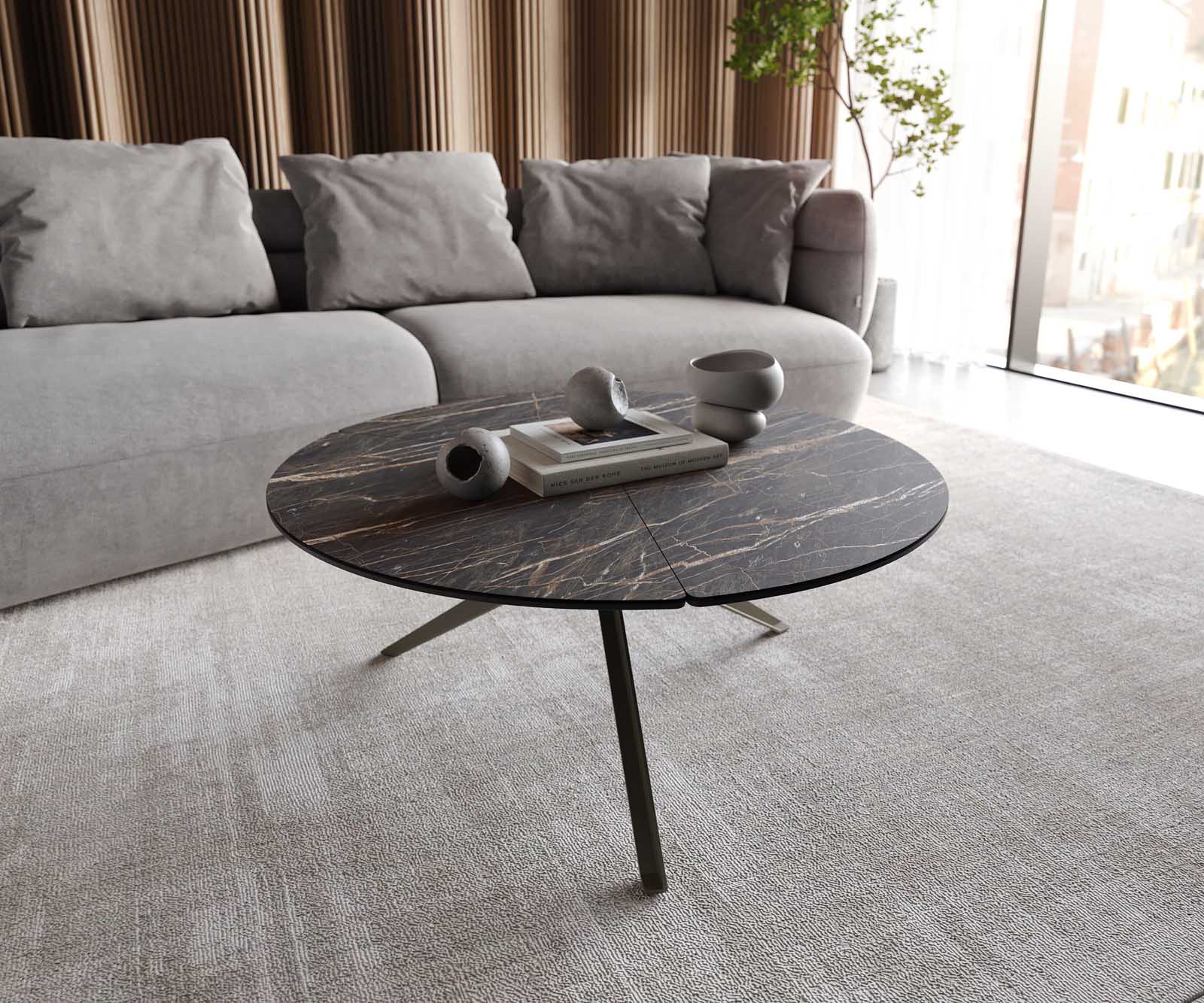 Dohányzóasztal Delron 90x90 cm kerámia Laminam®Noir Desir barna kereszt láb lapos fém titán effekt felület