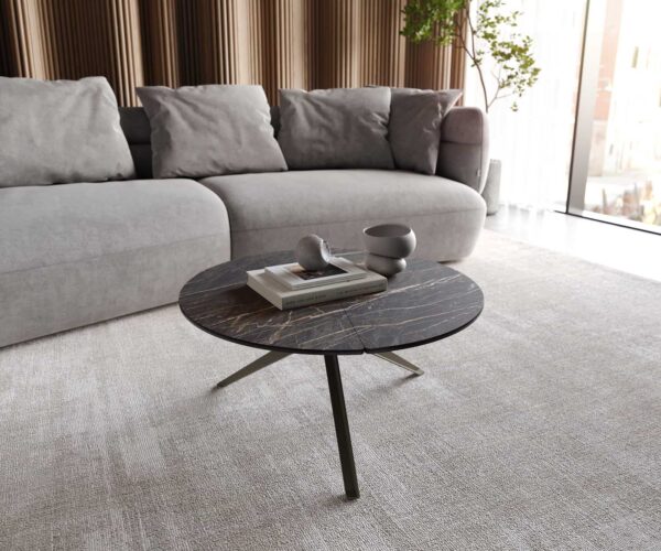 Dohányzóasztal Delron 70x70 cm kerámia Laminam®Noir Desir barna kereszt láb lapos fém titán effekt felület