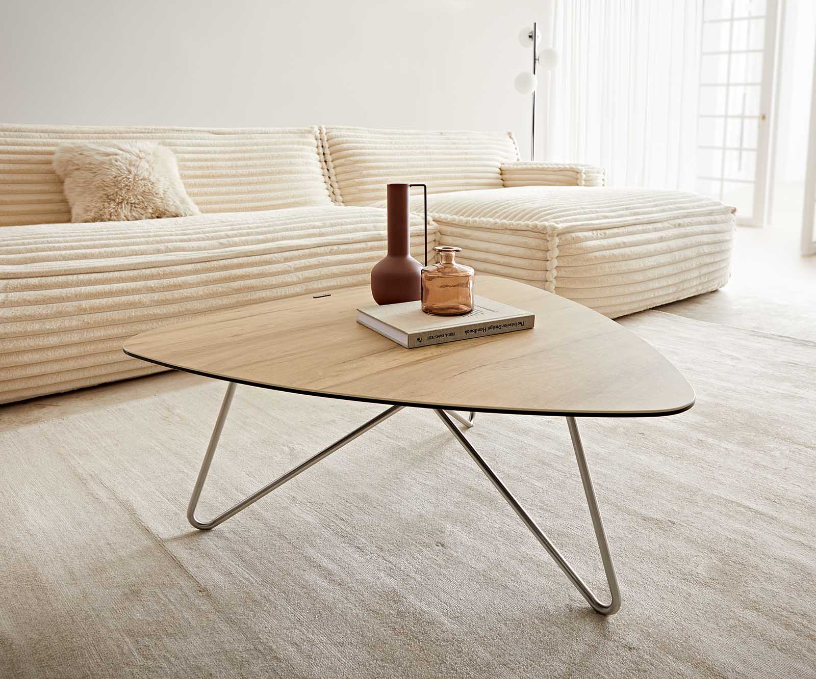 Dohányzóasztal Ekrem 88x85 cm Laminam® Sabbia kerámia tölgyszínű hajócsavar láb kerek rozsdamentes acél