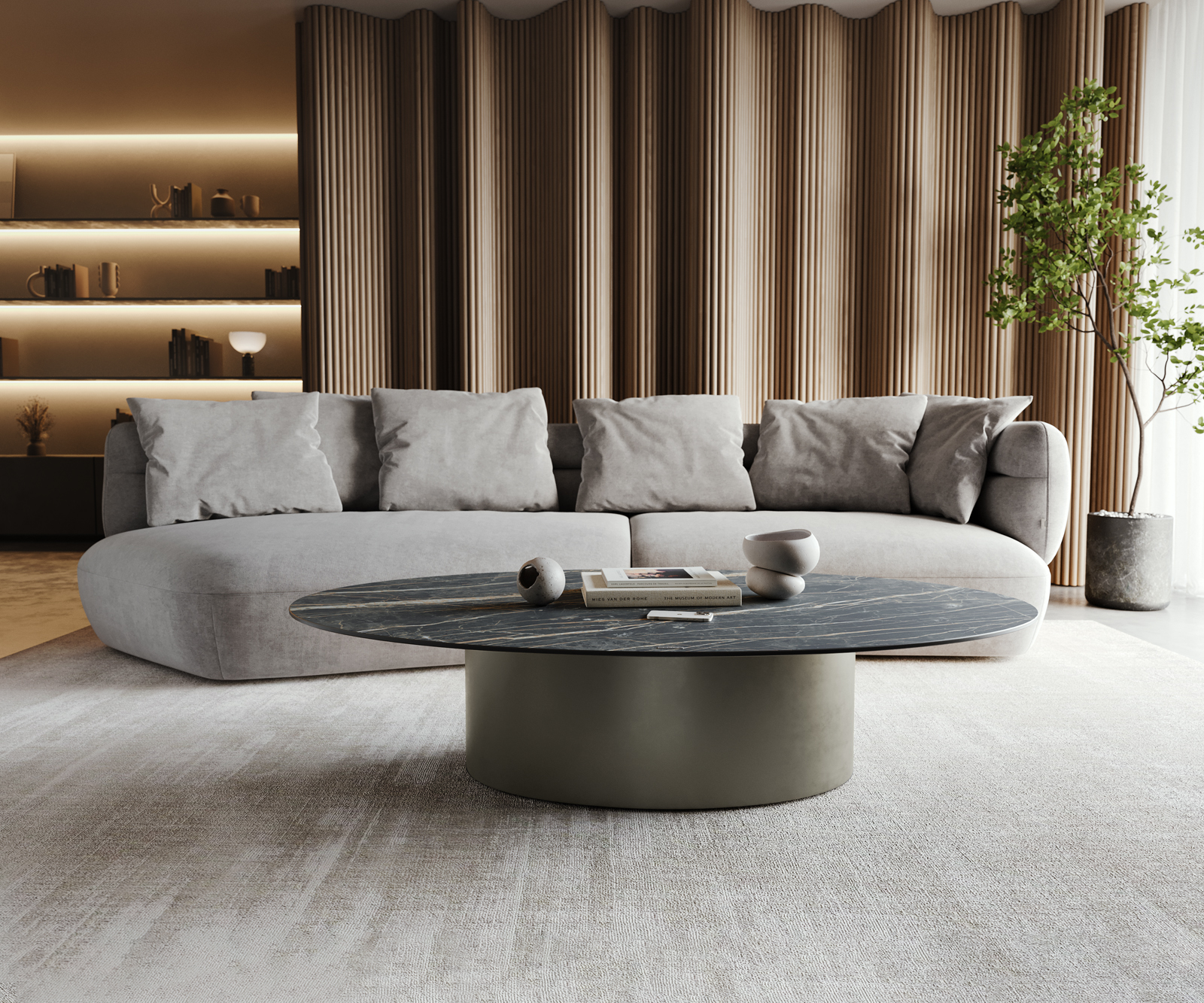 Dohányzóasztal Casilda 150x90 cm kerámia Laminam®Noir Desir barna középső láb titán effekt felület - Image 2