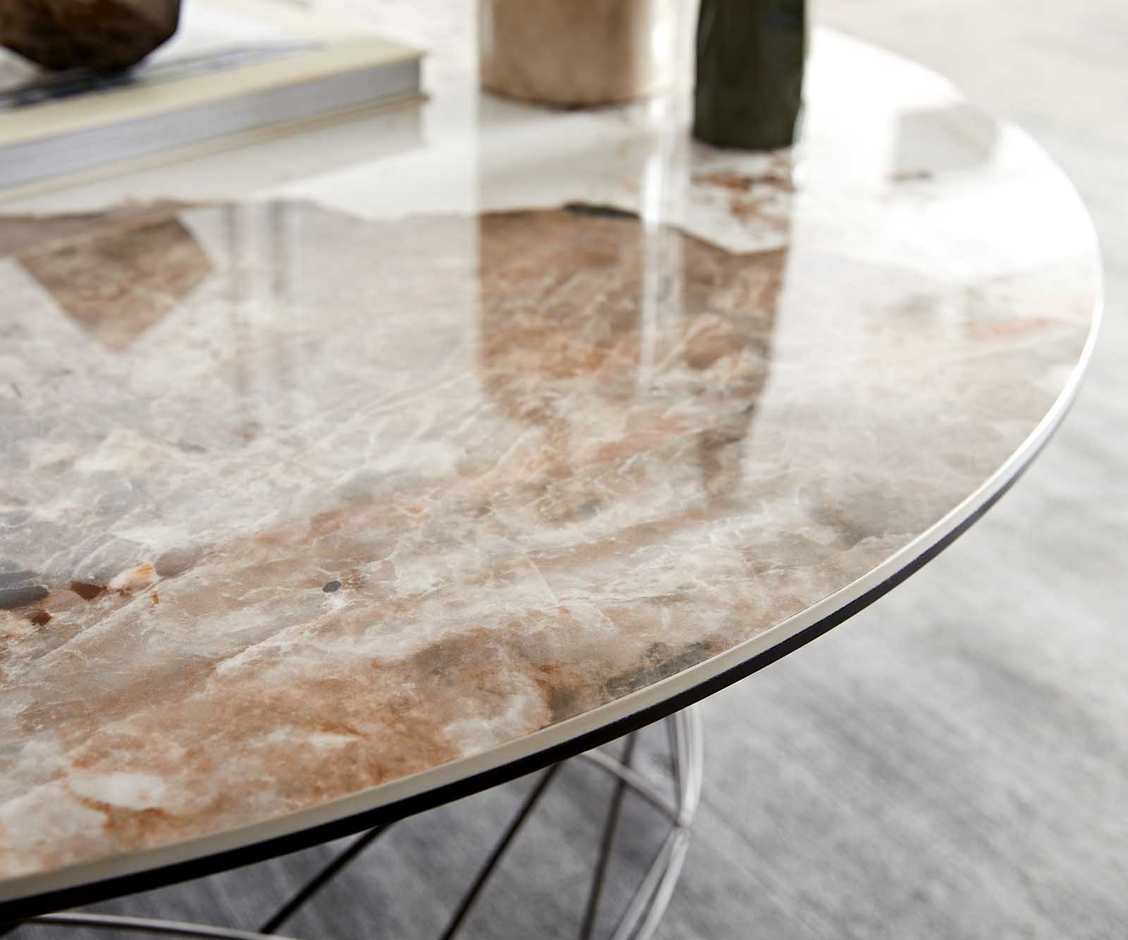 Dohányzóasztal Lassina 100x100 cm kerámia Minas melange fehér-bézs fém láb effekt felület titán - Image 6