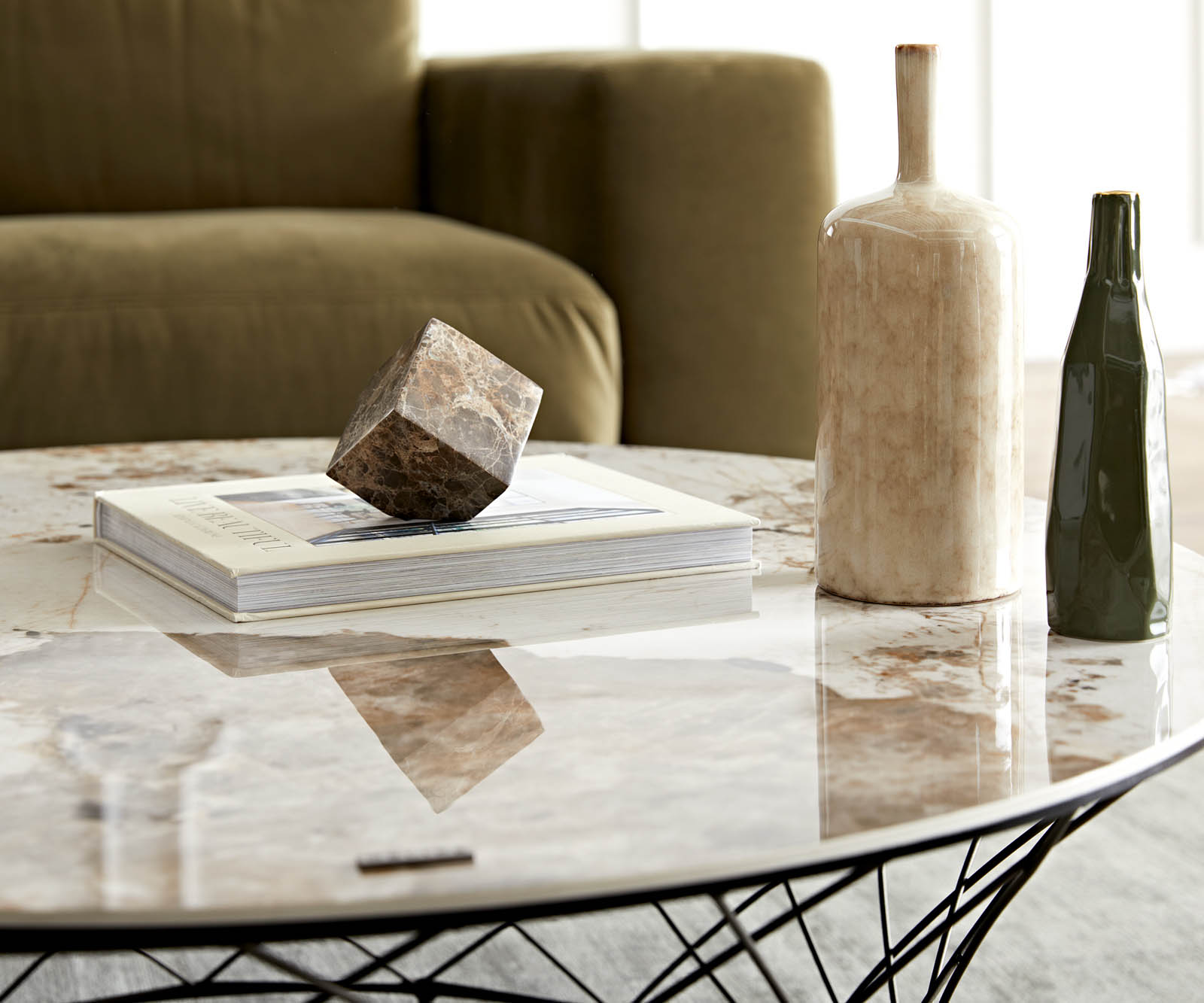 Dohányzóasztal Lassina 100x100 cm kerámia Minas melange fehér-bézs fém láb effekt felület titán - Image 5