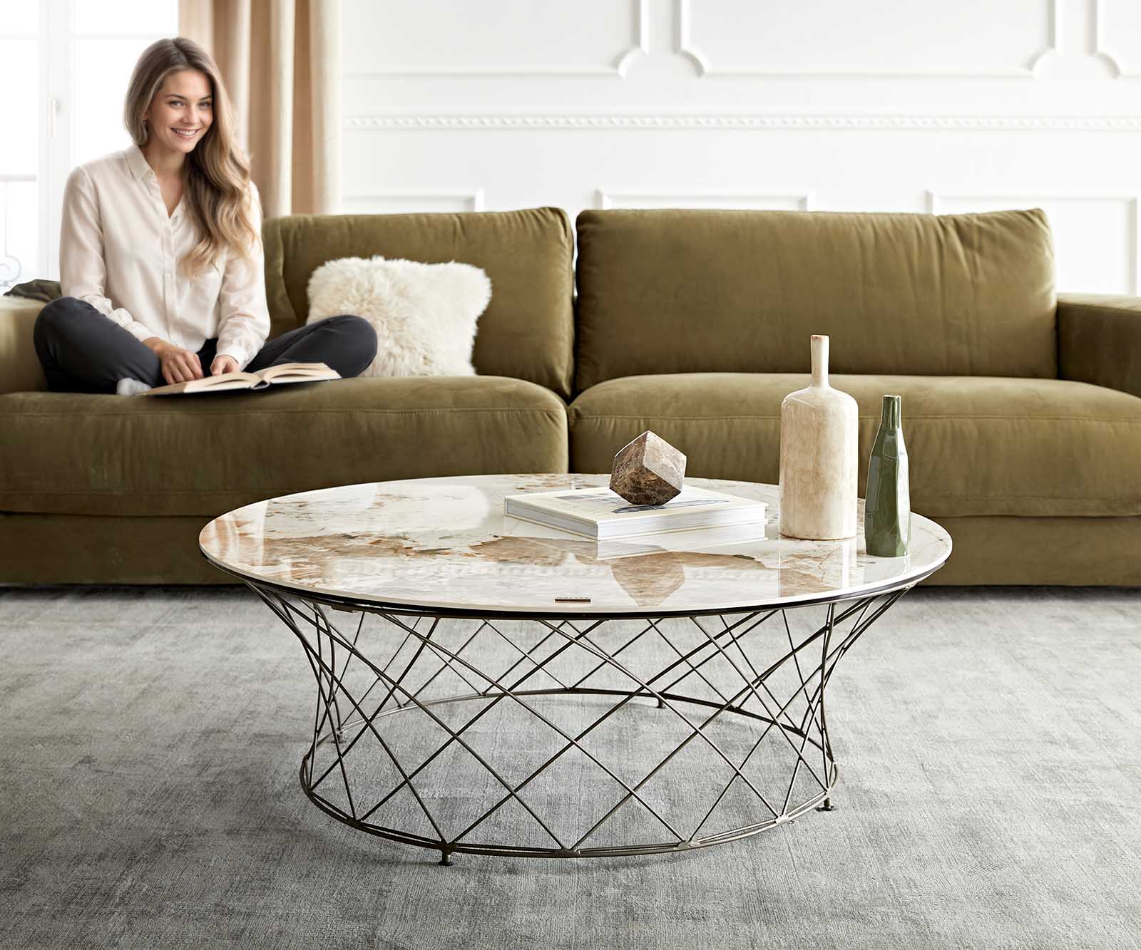 Dohányzóasztal Lassina 100x100 cm kerámia Minas melange fehér-bézs fém láb effekt felület titán