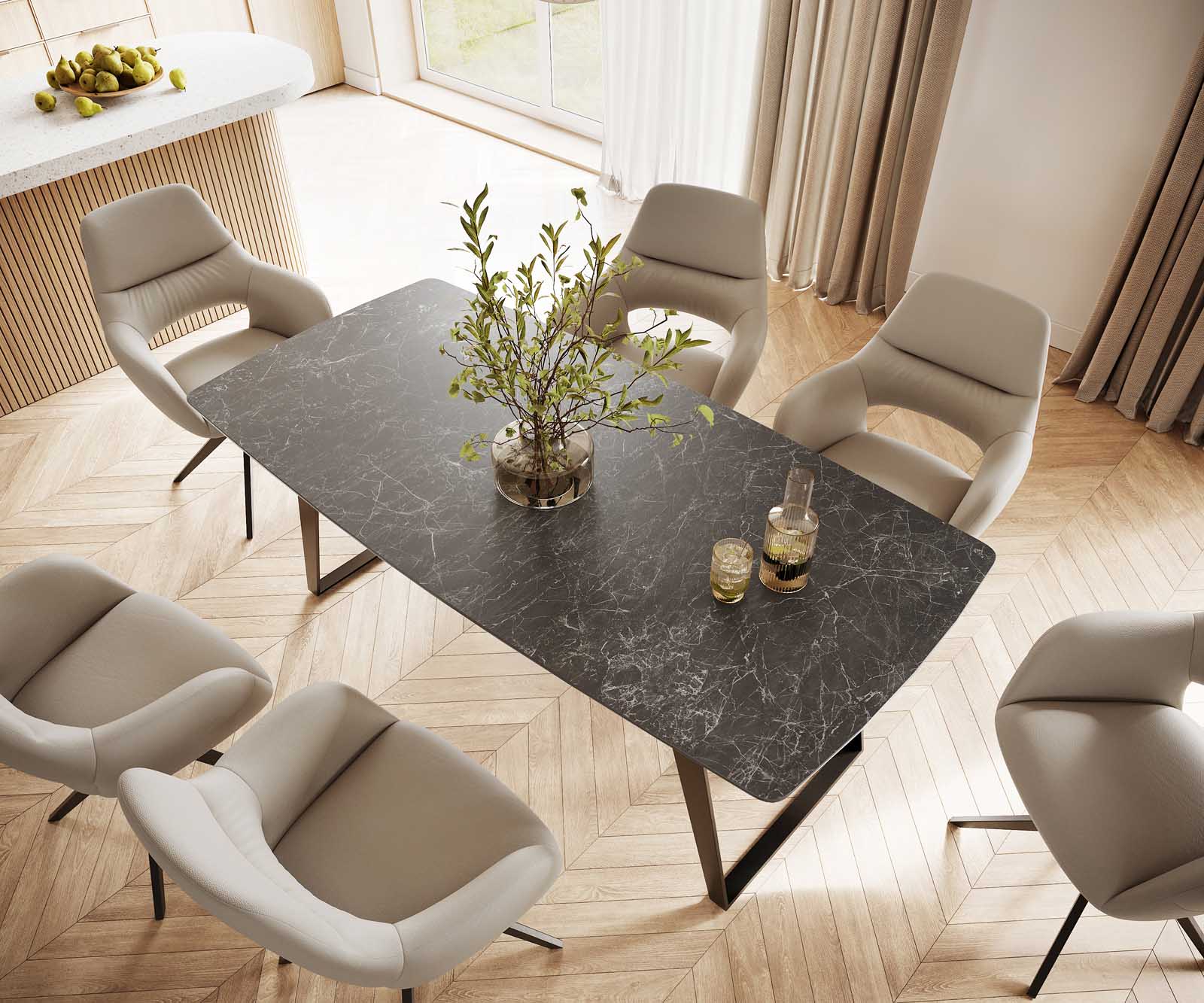 Étkezőasztal Edge hajóformájú 200x100 cm Laminam® Nero Greco kerámia antracit fém ferde fekete - Image 4