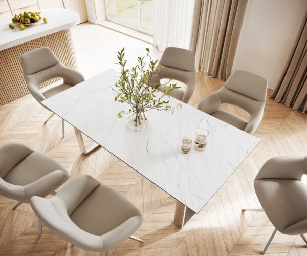 Étkezőasztal Edge 200x100 kerámia Laminam® Statuarietto fehér rozsdamentes acél keskeny - Image 4