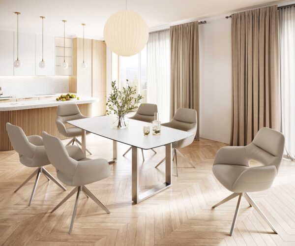 Étkezőasztal Edge hajóformájú 200x100 cm Laminam® Statuarietto fehér kerámia rozsdamentes acél keskeny - Image 6