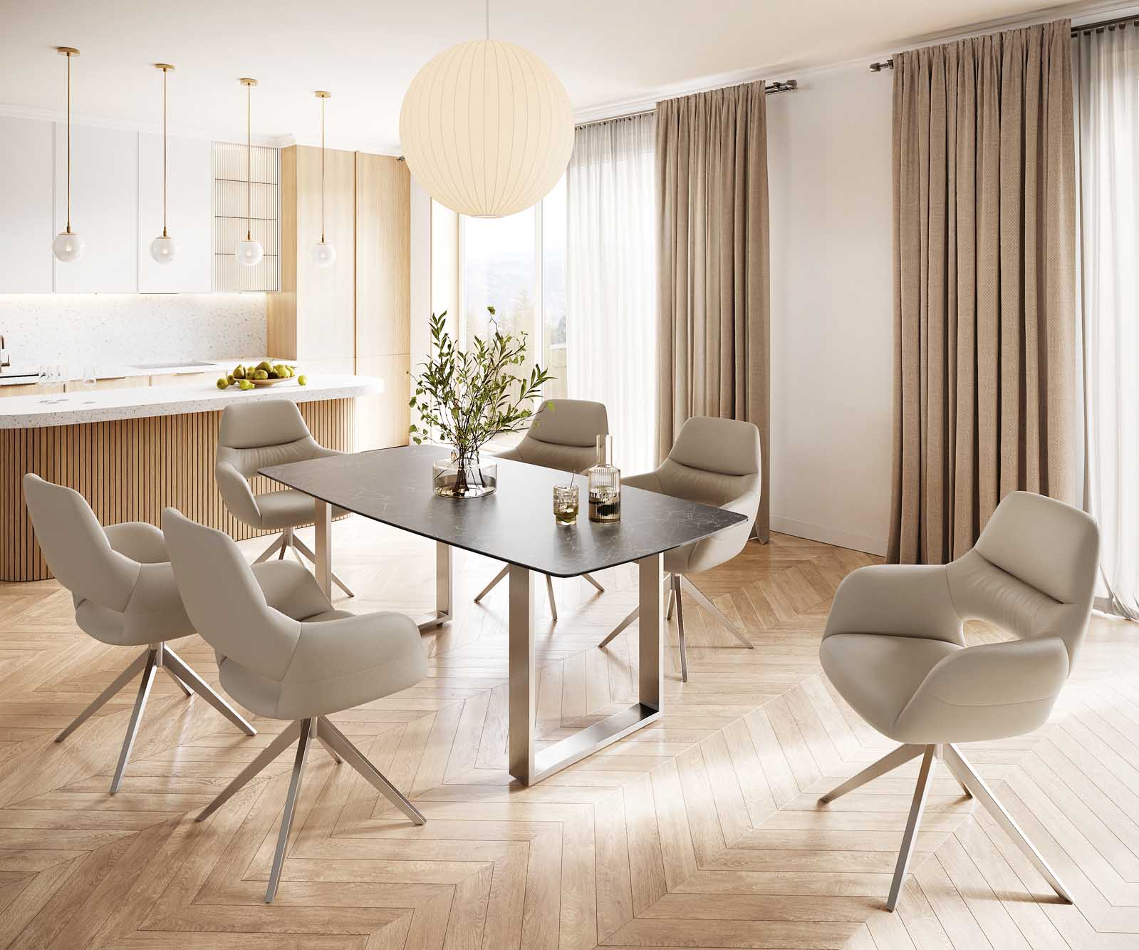 Étkezőasztal Edge hajóformájú 200x100 cm Laminam® Nero Greco antracit kerámia rozsdamentes acél keskeny - Image 6