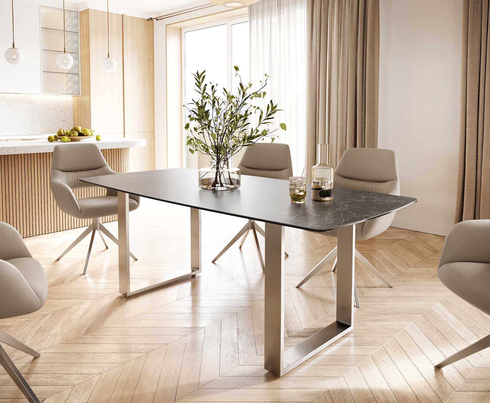 Étkezőasztal Edge hajóformájú 200x100 cm Laminam® Nero Greco antracit kerámia rozsdamentes acél keskeny