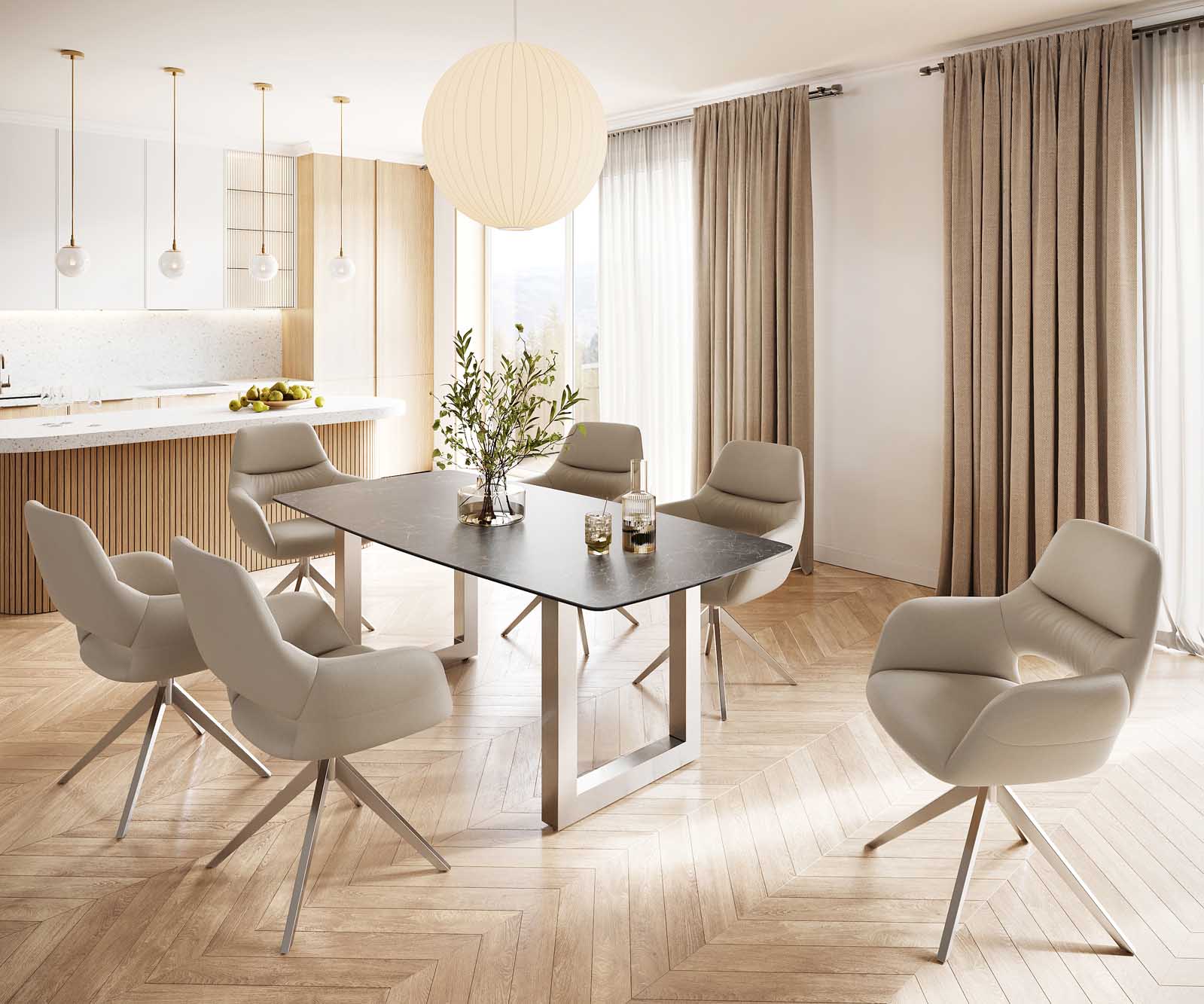 Étkezőasztal Edge hajóformájú 200x100 cm Laminam® Nero Greco antracit kerámia rozsdamentes acél széles - Image 6