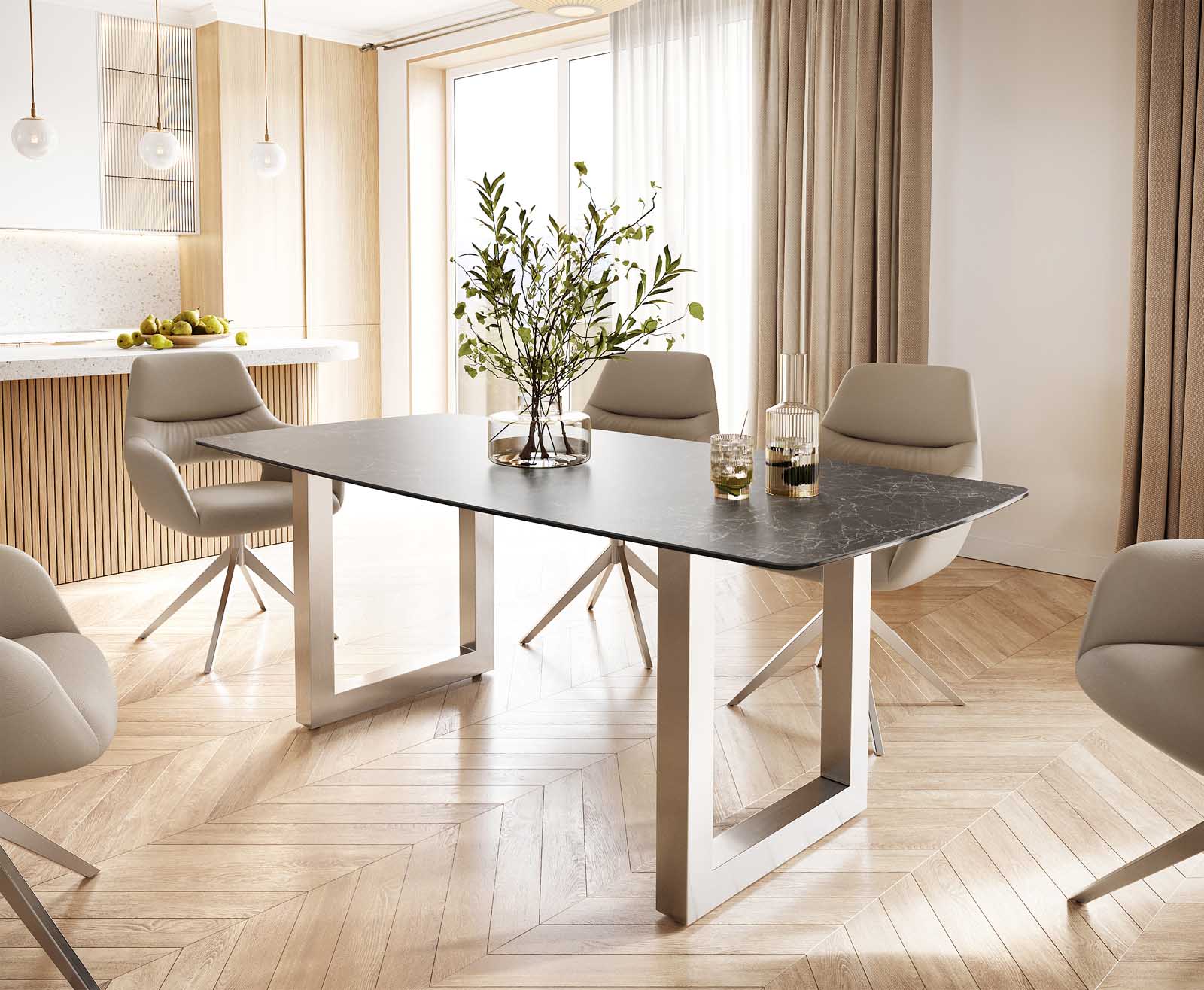 Étkezőasztal Edge hajóformájú 200x100 cm Laminam® Nero Greco antracit kerámia rozsdamentes acél széles