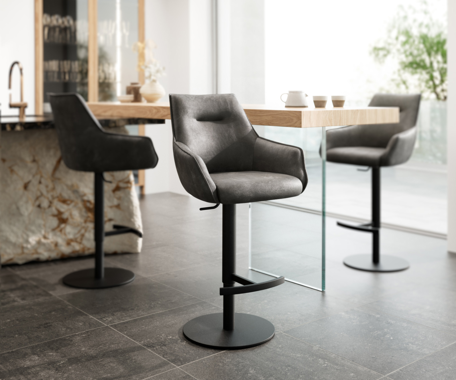 Bárszék Alja-Flex mikroszálas antracit vintage forgó láb magasságban állítható fém fekete forgatható zsákrugós