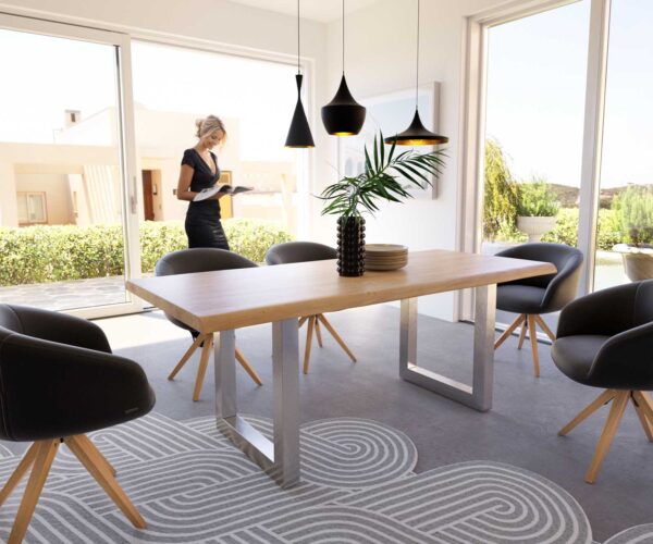 Jídelní stůl Edge-Pure 200x100 cm přírodní dub široká podnož nerezová ocel