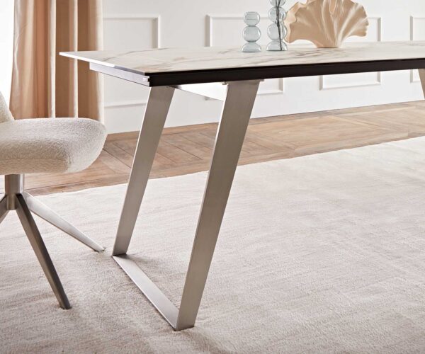 Étkezőasztal Edge 200x100 kerámia Calacatta Luxe fehér arany szürke rozsdamentes acél ferde - Image 7