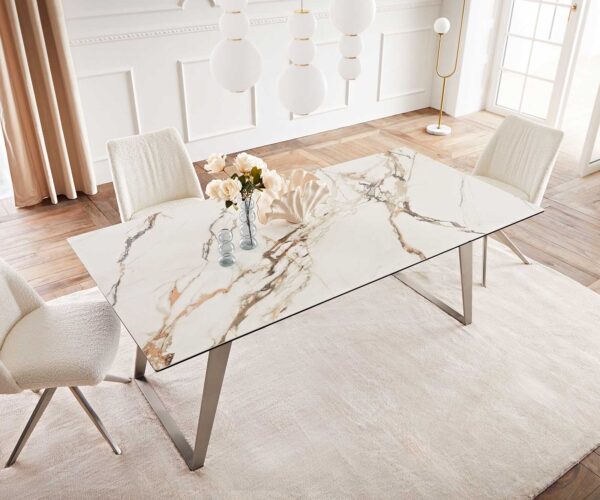 Étkezőasztal Edge 200x100 kerámia Calacatta Luxe fehér arany szürke rozsdamentes acél ferde - Image 6
