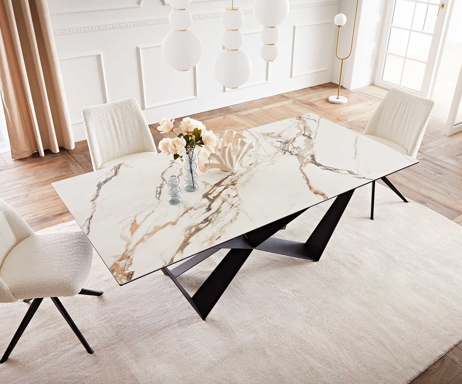 Étkezőasztal Edge 200x100 kerámia Calacatta Luxe fehér arany szürke Spider laposacél fekete - Image 6