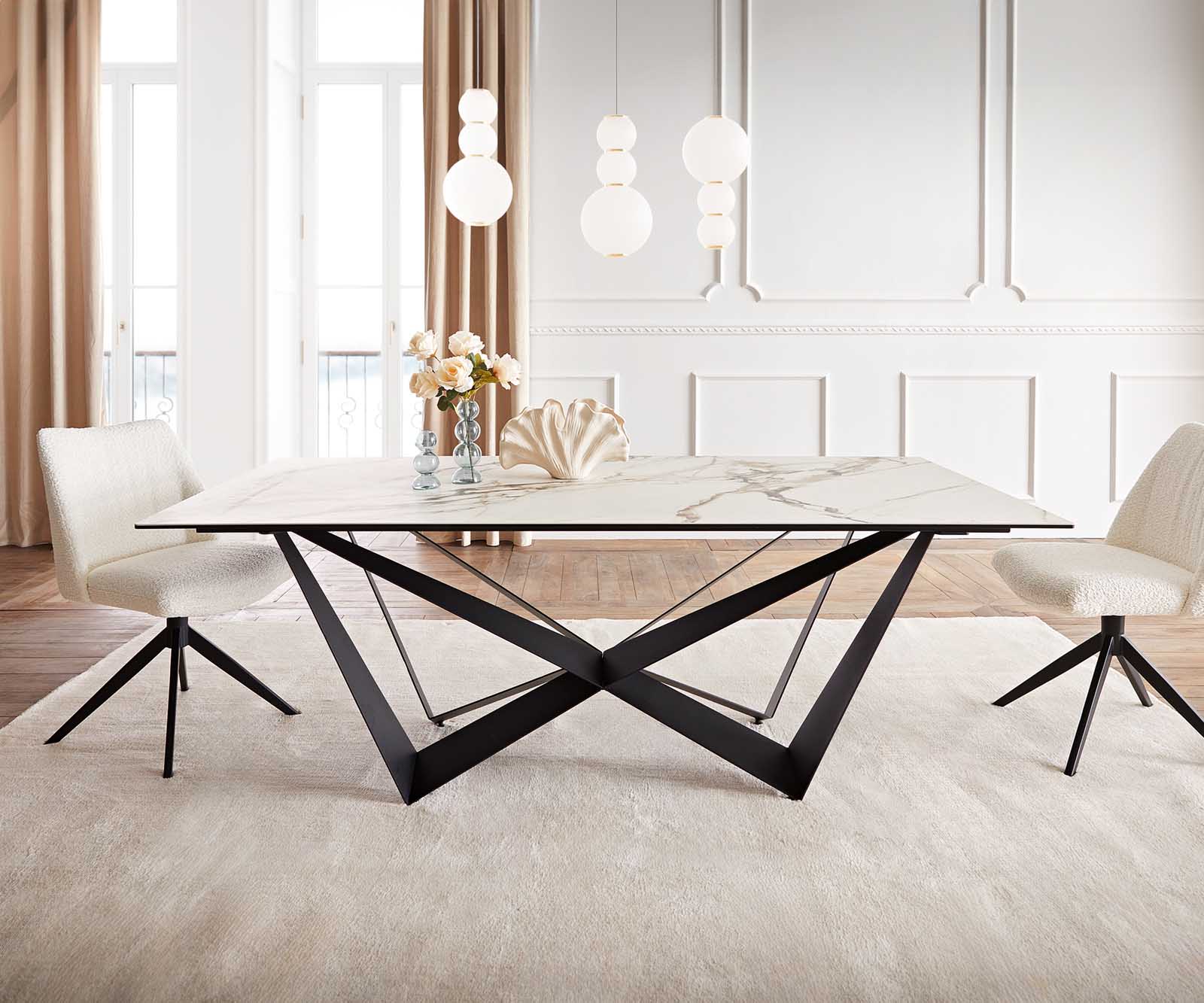 Étkezőasztal Edge 200x100 kerámia Calacatta Luxe fehér arany szürke Spider laposacél fekete - Image 2