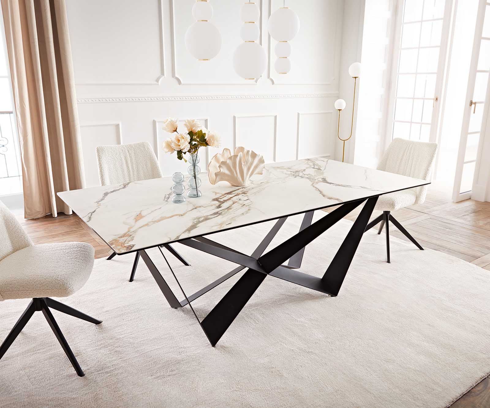 Étkezőasztal Edge 200x100 kerámia Calacatta Luxe fehér arany szürke Spider laposacél fekete