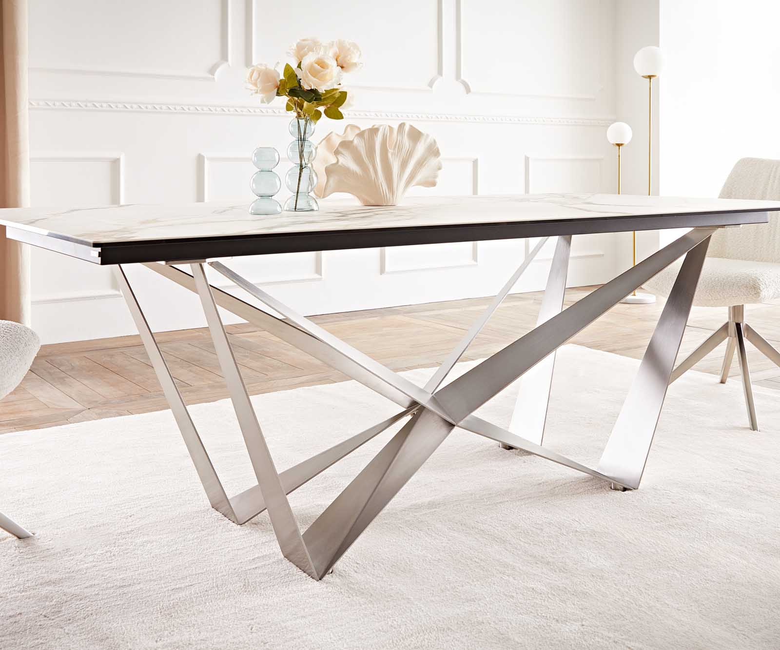 Étkezőasztal Edge 200x100 kerámia Calacatta Luxe fehér arany szürke Spider laposacél rozsdamentes acél - Image 7