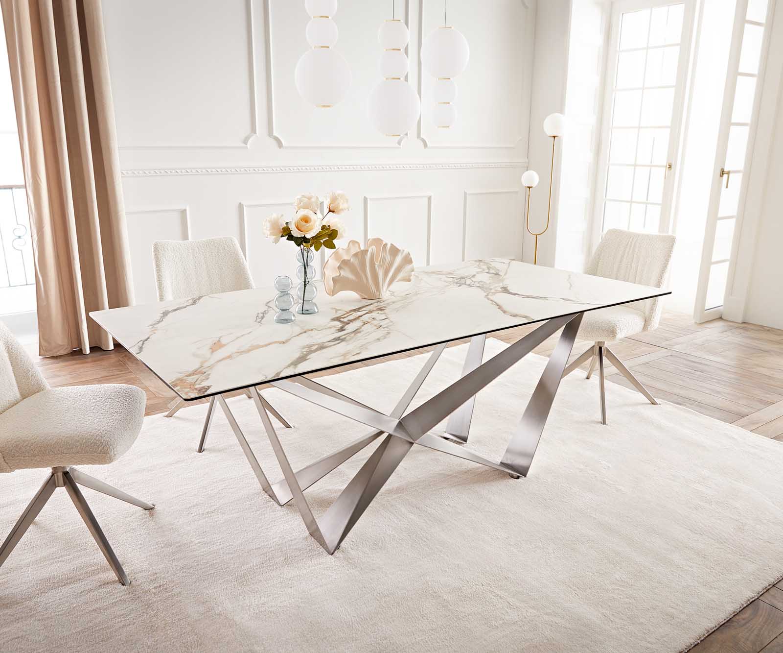 Étkezőasztal Edge 200x100 kerámia Calacatta Luxe fehér arany szürke Spider laposacél rozsdamentes acél - Image 2