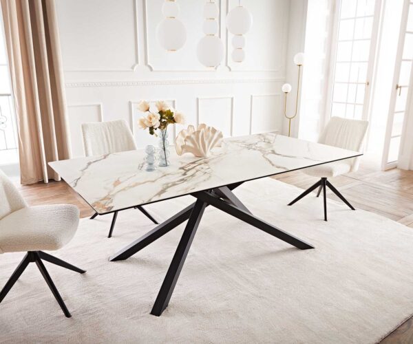 Étkezőasztal Edge 200x100 kerámia calacatta luxe fehér arany szürke kereszt láb téglalap fekete - Image 2