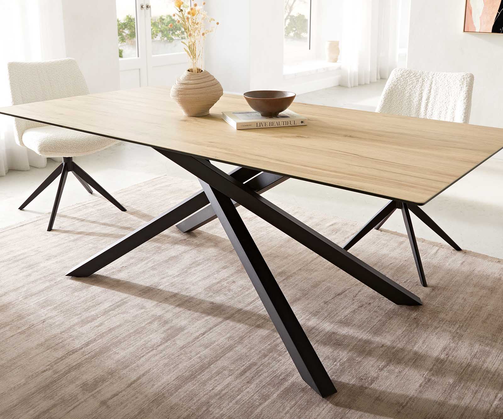 Étkezőasztal Edge 200x100 kerámia Laminam® Sabbia tölgyszínű kereszt láb téglalap fekete - Image 7