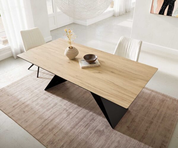 Étkezőasztal Edge 200x100 kerámia Laminam® Sabbia tölgyszínű V alakú láb laposacél fekete - Image 6