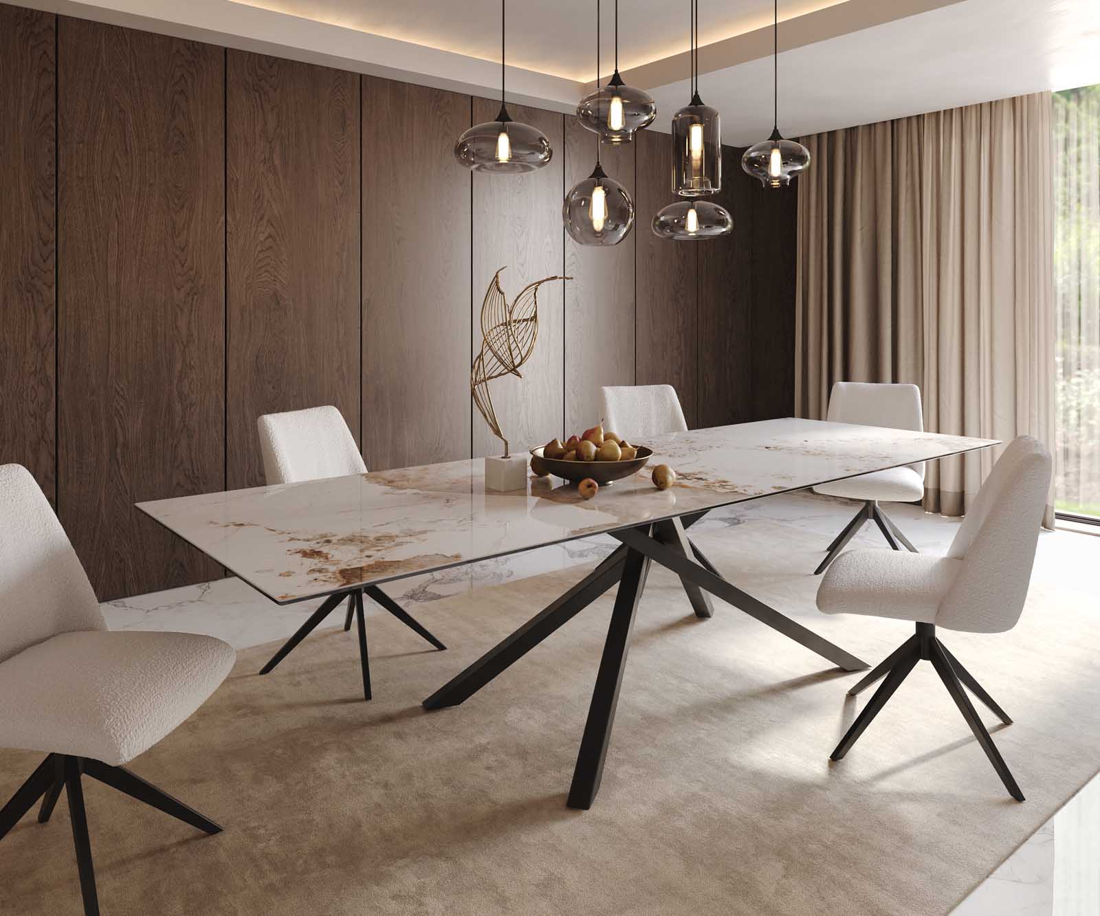 Étkezőasztal Edge 300x100 cm kerámia Minas melange fehér-bézs kereszt láb téglalap fekete