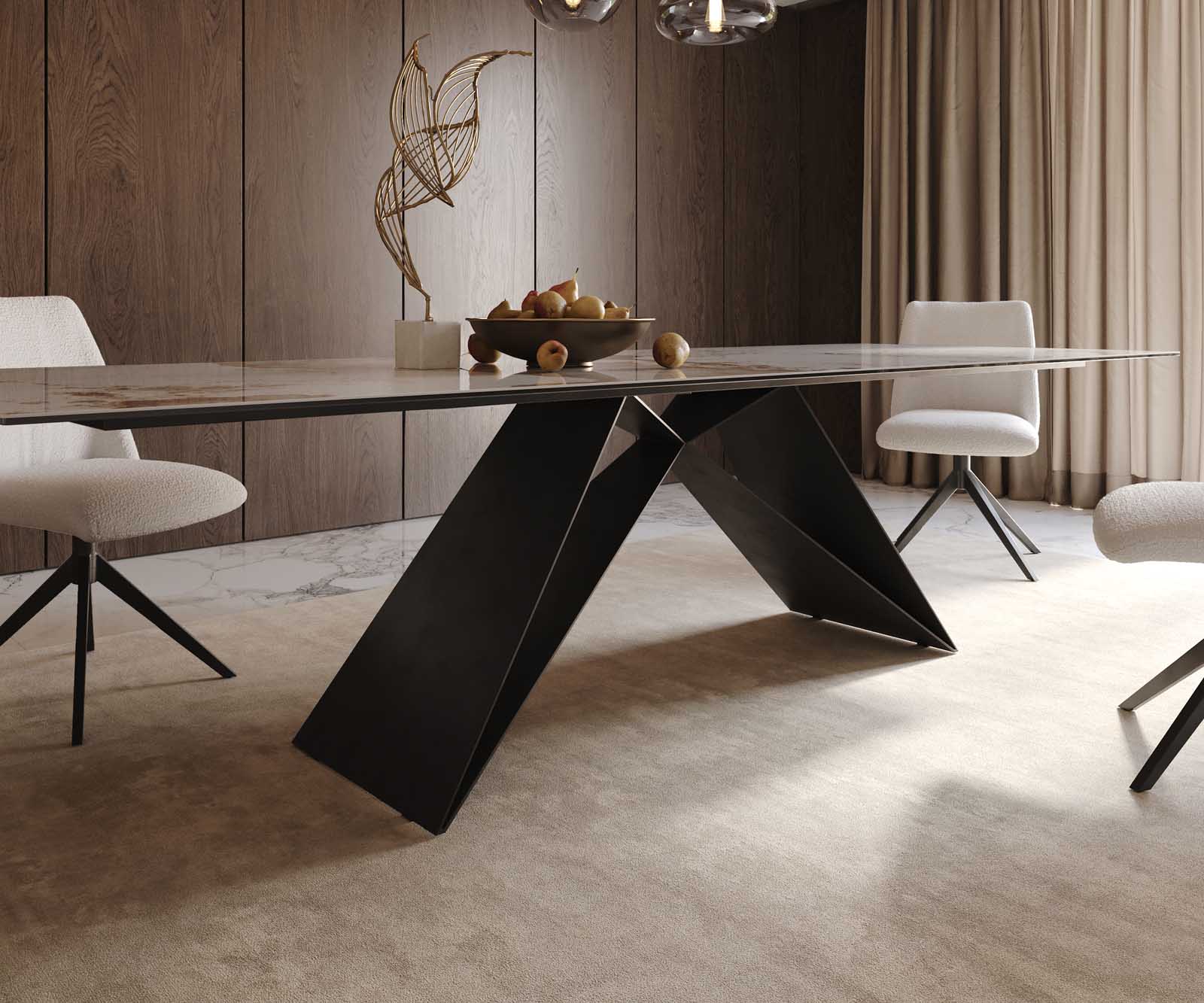 Étkezőasztal Edge 300x100 kerámia Minas melange fehér-bézs V láb laposacél fekete - Image 7