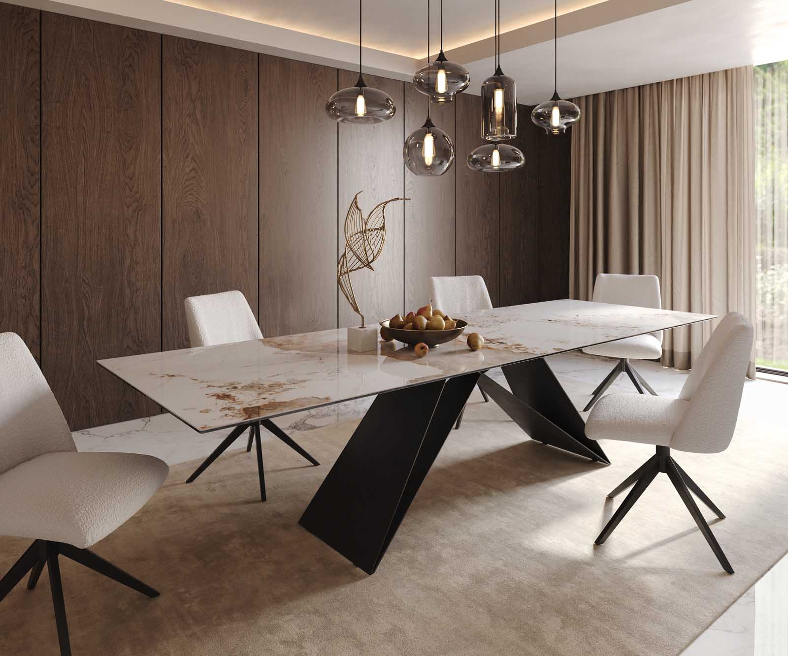 Étkezőasztal Edge 300x100 kerámia Minas melange fehér-bézs V láb laposacél fekete